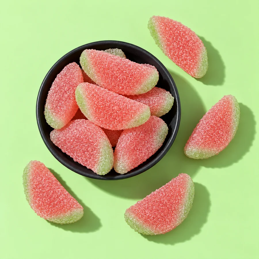 Gomitas de sandía azucaradas antes del enrobado